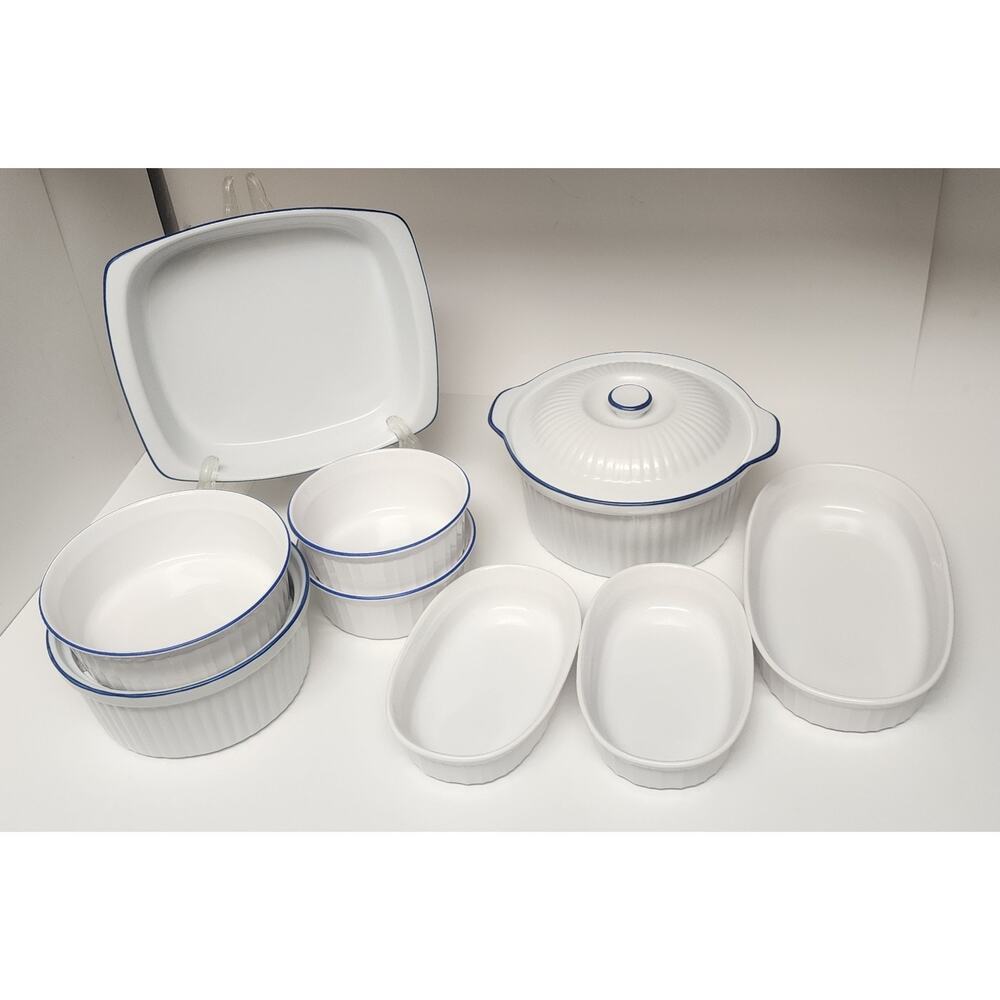 BIA Blanc De Table/Corningware Vintage Casserole Dish W/ Cobalt Blue Trim 9PCS